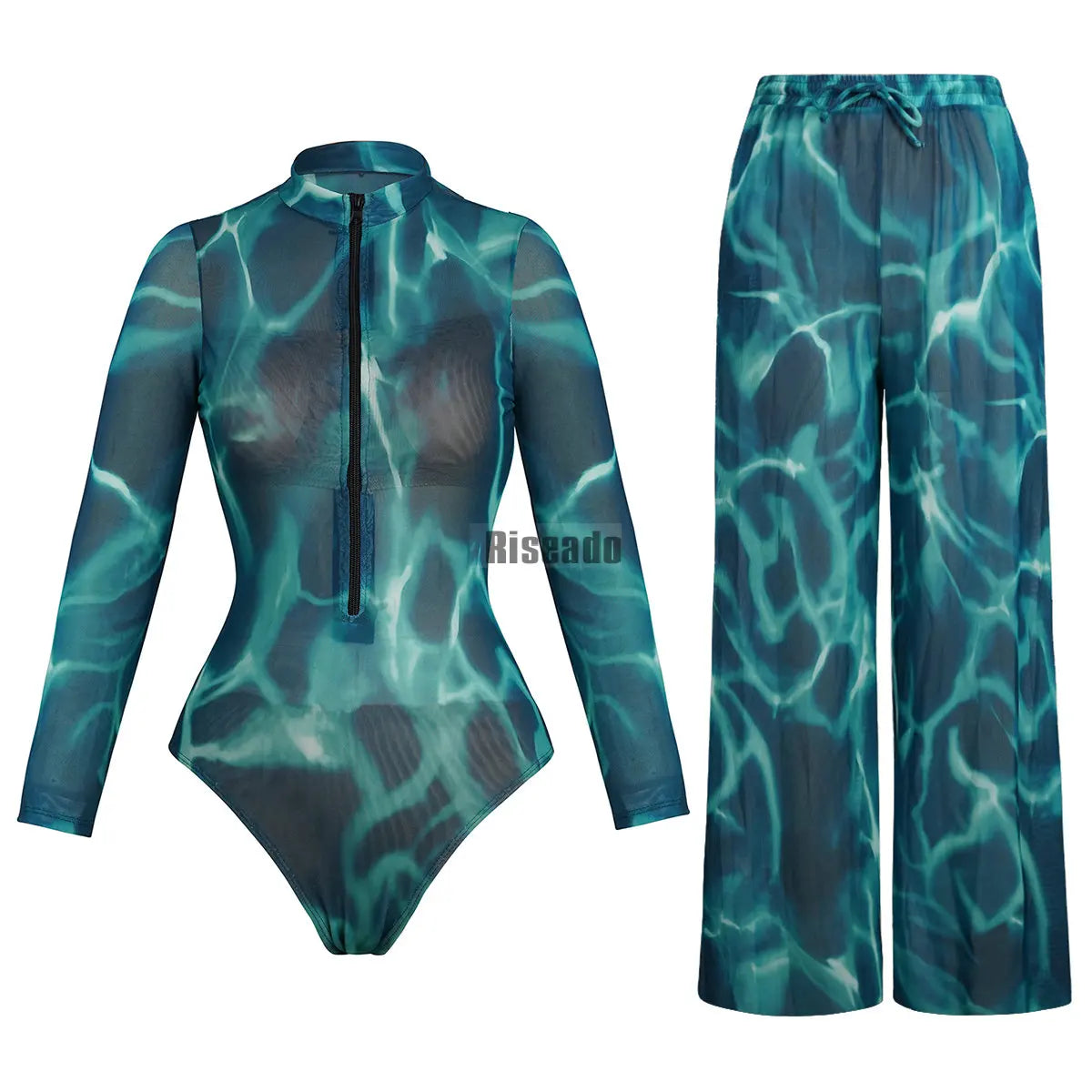 Riseado Mesh Swimsuit with Long Pants & Swimdress Long Sleeve Mesh Beachwear Sexy High Waist Bathing Suit Smart Beach Clothing