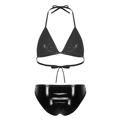 Womens Micro Bikini Set Shiny Metallic Bra Top with Thong 2 Piece Lingerie Set Extreme Swimwear Swimsuit Sexy Bathing Suit