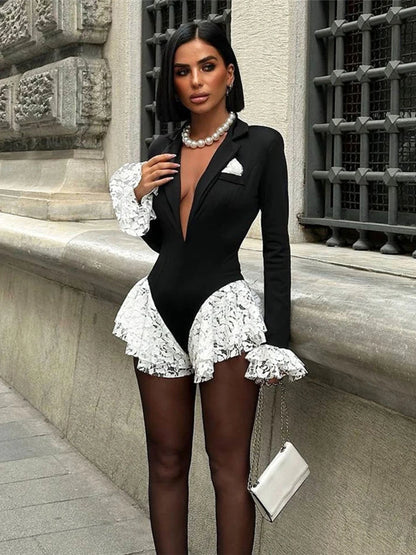 Weird Puss Sexy Ruffle Bodysuit Women Jacquard Deep V-Neck Lapel Tierred Patchwork Full Sleeve Elegant Stretch Skinny Clubwear