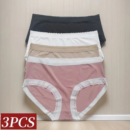 3Pcs/Set Low Rise Briefs Women Ice Silk Panties Breathable Seamless Underwear Solid Color Female Underpants Sexy Lingerie M-XL