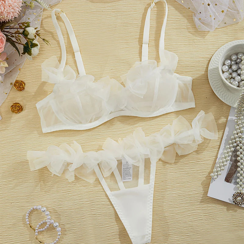 Sexy Lingerie Tulle Bowknot Bra Set Women See Through Lingerie Romantic Bilizna Set Three-Point Intimate Outfit Sexy Underwear