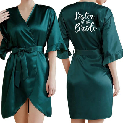 Dark Green Satin Team Bride Bridesmaid Robe Ruffle Wedding Bathrobe Gown Women Dressing Sleepwear Mother Maid of Honor Kimono