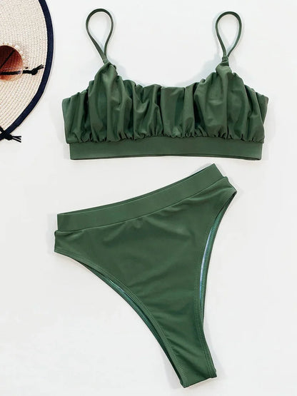 2025 Wrinkled Ruched High Waist Bikini Women Swimsuit Female Swimwear Two Pieces Bikini Set High Cut Bathing Suit Swim Beachwear