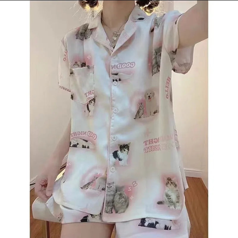 Kawaii Youth Girl's Satin Homewear Short Long Fashion Pyjama Cute Cat Print Summer New Thin Pajamas for Women Silk Home Set