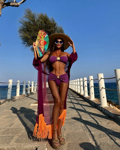 Women's Glamorous Purple Bikini Set with Gold Sunburst Accents 2Pc Biquini Swimsuits Lady Strappy Beachwear 2025 Holiday Clothes