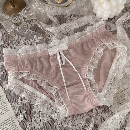 Luxury Satin Transparent High Elasticity Sexy Mesh Lace Hollow Bow Underwear Cute Lovely Sweety Smooth Soft Panties Breathable