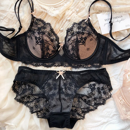 New Women Lingerie Set Sexy Lace Push Up Bra French 3/4 Thin Cup Bralette Cute Bow Decoration Underwear Comfort Bras Briefs Sets