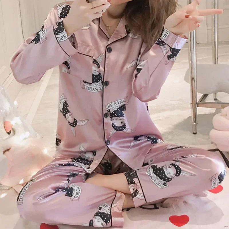 2025 Satin Silk Pajamas Set Women Cartoon Printed Full Sleeve Sleepwear Pijamas Suit Homewear 2 Pieces Loungewear Pjs Plus Size