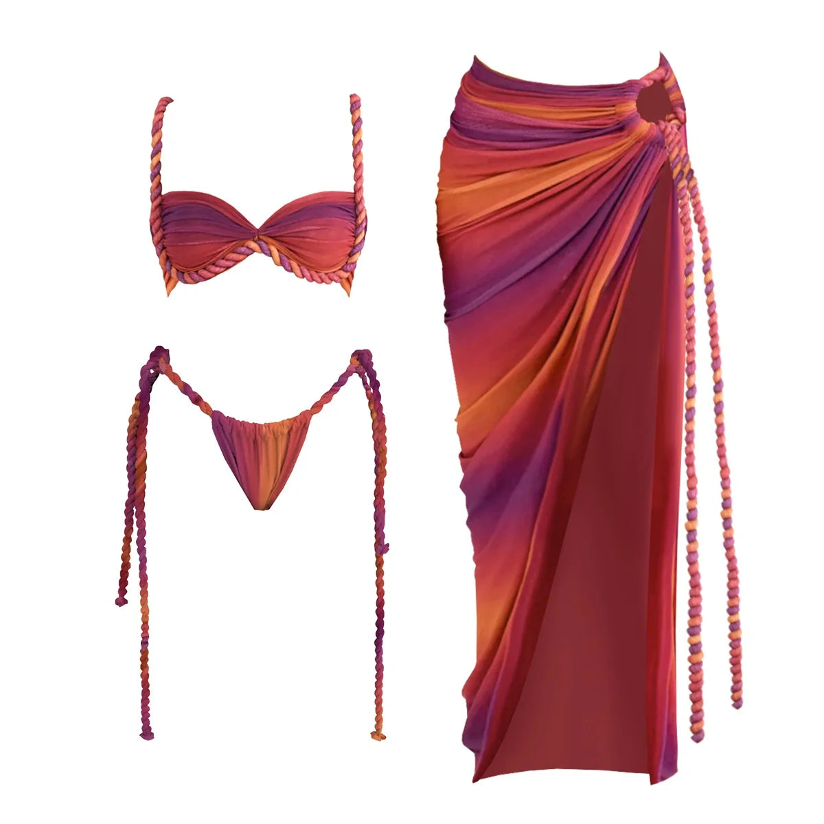New 3Pcs Crochet Bikini Women Swimsuit Sexy Swimwear Halter Biquini Push Up Swim Suit Strappy Bodysuit Female Bathsuit Beachwear
