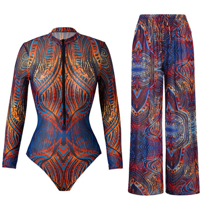2025 Mesh Swimsuit with Long Sleeves Sexy One Piece Slimming Bathing Suit with Skirt & Long Pants Bodysuit Smart Beach Clothes