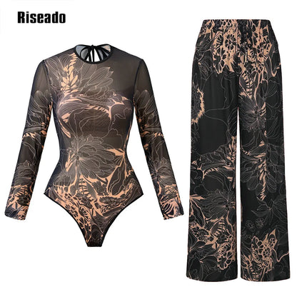 2025 New Trend Mesh Swimwear Women's Sheer Sexy High Waist Surfing One Piece Suit with Pants & Skirt Swimdress Smart Woman