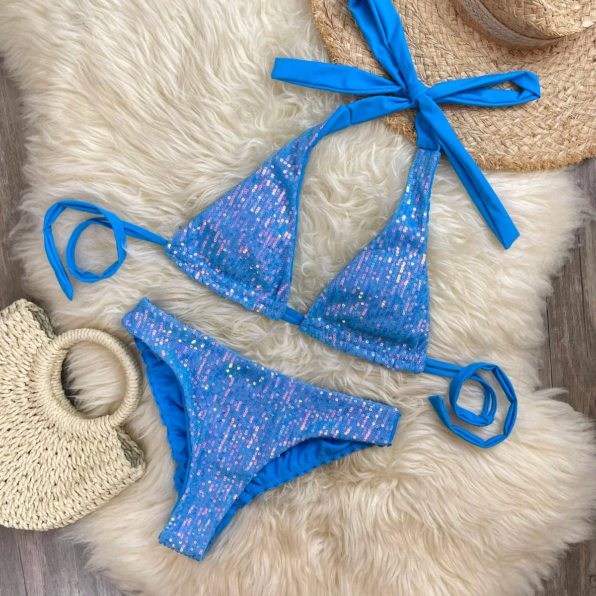 Melphieer Women's Sequins Sparkle Bikini Set Strappy Bandage Ruching Bum Two Piece Swimsuit for Beach Pool Club Holiday Outfits