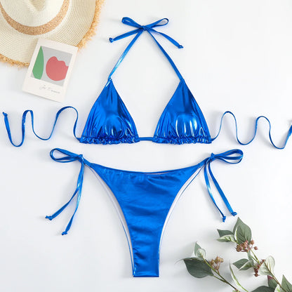 sexy metallic string halter micro mini bikini sets two pieces 2024 women thong swimsuit female bathing suit swimwear biquini