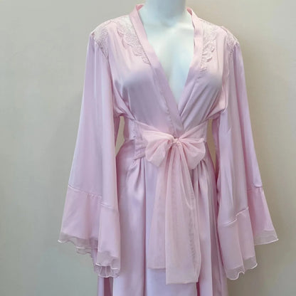 Bridal Kimono Robes Only Beautiful Sexy Pajamas Women's Bathrobe Pure French High Quality Nightgown Lace Mesh Bow Dressing Gowns
