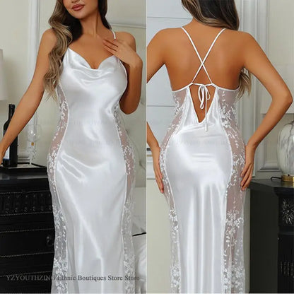 Sexy Hollow Out Long Nightgown Chemise Sleepwear Patchwork Perspective Lace Lingerie Women's Nightdress Homewear Rayon Nightwear