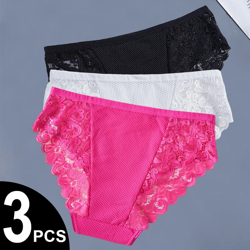 3PCS Solid Color Patchwork Mesh Panties Hollow Floral Lace Briefs for Women Sexy Underwear Lingerie