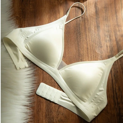 Milk Satin French Deep V-neck Bra Wire Free Soft Support Seamless Bra Backless Design Adjusted Straps Small Chest Bra