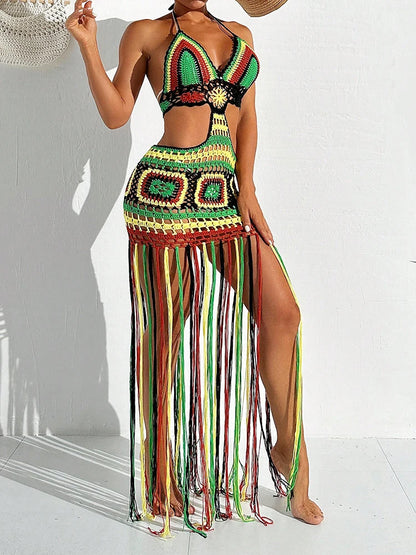 Women Summer Crochet Halter Deep V Neck Cover Ups Multicolor Swimsuit Long Tassel Bikini Knit Dress Cover-Ups Backless Beachwear