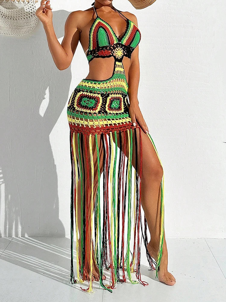 Women Summer Crochet Halter Deep V Neck Cover Ups Multicolor Swimsuit Long Tassel Bikini Knit Dress Cover-Ups Backless Beachwear