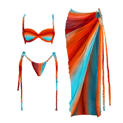 New 3Pcs Crochet Bikini Women Swimsuit Sexy Swimwear Halter Biquini Push Up Swim Suit Strappy Bodysuit Female Bathsuit Beachwear