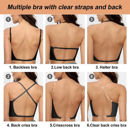Women Invisible Bra Deep U Plunge Bras Backless Top for Dresses Sexy Lingerie with Transparent Strap Push Up Strapless Underwear