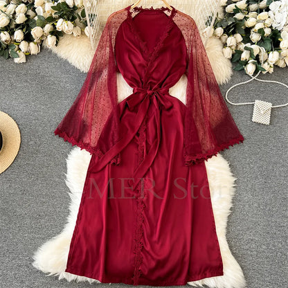 Sexy Embroider Edge Lady Kimono Bathrobe Dress Gown Mesh Sleeve Wedding Long Robe Sleepwear Loose Silk Satin Nightwear Lingerie