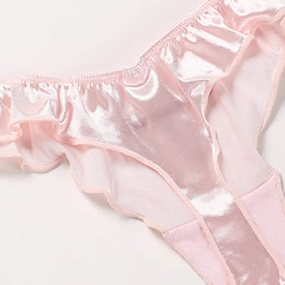 Sweet Pink Satin Silk Ruffle Thong Sexy Low Waist G-String Briefs for Women Ice Silk Underwear Female Intimates Lingerie