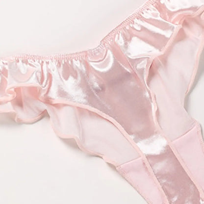 Sweet Pink Satin Silk Ruffle Thong Sexy Low Waist G-String Briefs for Women Ice Silk Underwear Female Intimates Lingerie