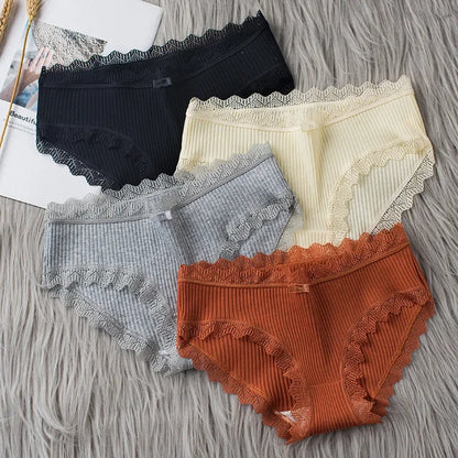 Cotton Sexy Lace Mid Waist Underwear Threaded Brief Solid Color Skin Friendly Ladies Underpant Breathable Fashion Casual Panties