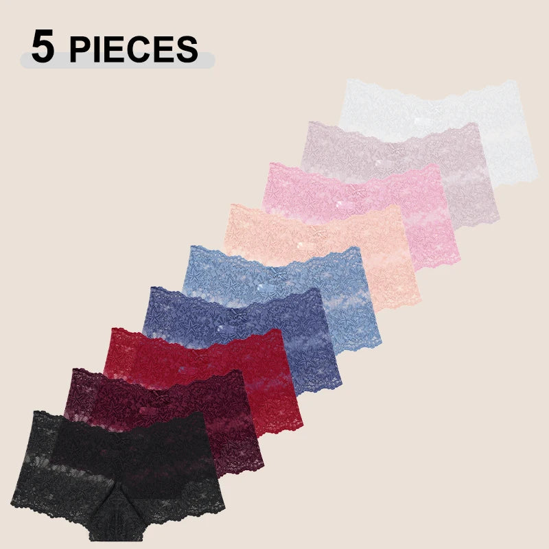 5Pcs/Set Sexy Lace Perspective Panties Solid Color Hollow Out High Waist Star Boyshort Female Elastic Transparents Boxer Shorts