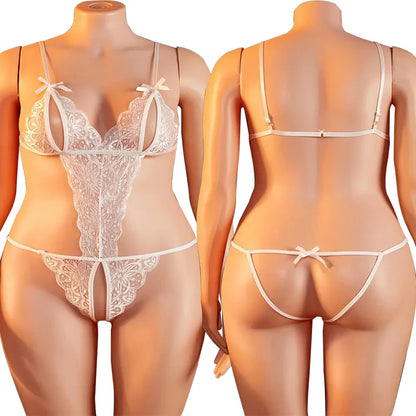Female Sexy Lingerie Mesh Lace Floral Print Bra Set Teddy Crotchless Bodysuits For Plus Size Women Erotic Open Bra Underwear Set