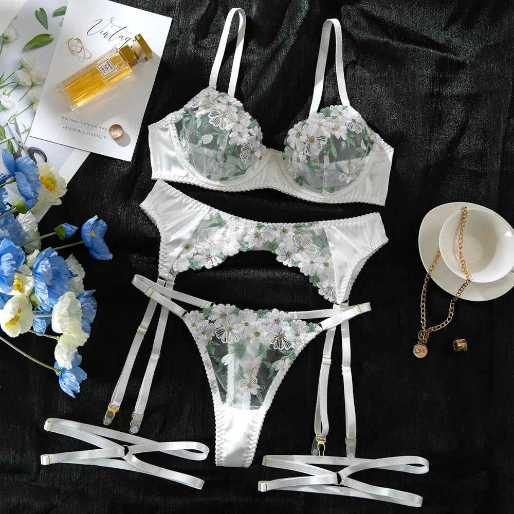 Krasapt Luxury White Flower Embroidery Lingerie 4Pcs Sets Romantic Mesh Sheer Bras And Thongs Garter Suits Sexy Erotic Outfits