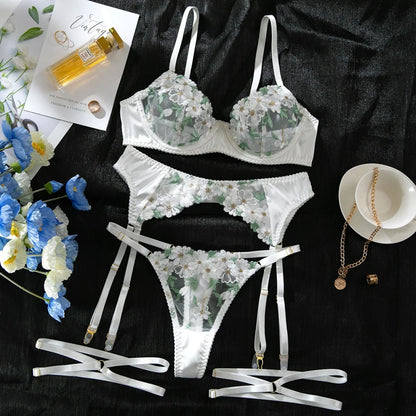Krasapt Luxury White Flower Embroidery Lingerie 4Pcs Sets Romantic Mesh Sheer Bras And Thongs Garter Suits Sexy Erotic Outfits