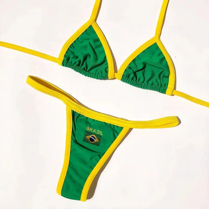 2026 Fashion Embroidery Brasil Flag Contrast Split Bikini Set Women Swimwear Patchwork Swimsuit Hottie Outfit SummerBeachwear