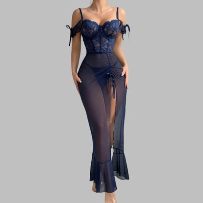 Ladies V Neck Sleepwear Set with Spaghetti Straps Lace Up Front and Sheer Mesh Fabric with Slit Includes Nightdress and Panties