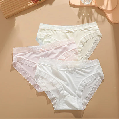 3Pcs/Set Women Ice Silk Sexy Lace Seamless Briefs Comfortable Stretchy Semi Sheer French-Cut Panties Women Underwear Breathable