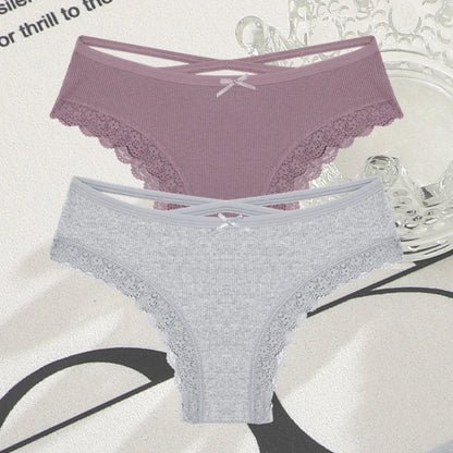 2PCS Cotton Panties for Women Sexy Lace Brazilian Briefs Female Low-Waist Cross Webbing Underpants Stretch Breathable Intimates