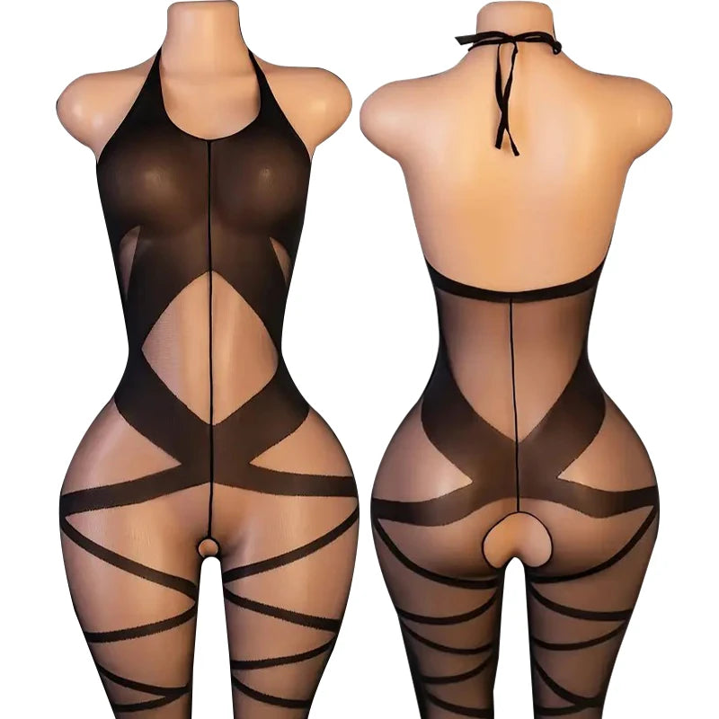 New Sexy Crotchless Lingerie Women Backless Cutout Bra Set Mesh See Through Bodystocking Full Sleeve Leopard Print Underwear Set
