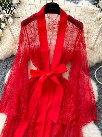 SINGREINY Elegant Sheer Caridigan Long Robes Female Lace Up Solid Long Sleeve Robes Fashion Women Transparent Lace Sensual Robes