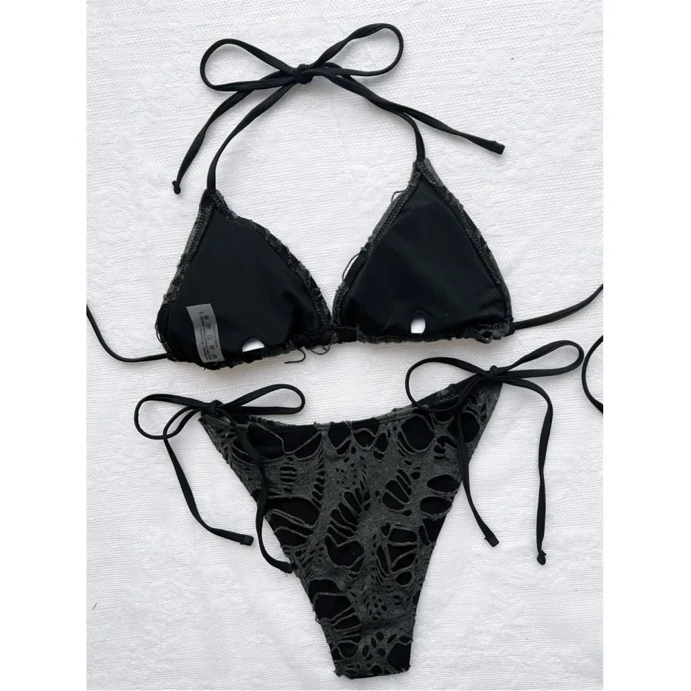 Gothic Grunge Swimsuit Distressed Micro Bikini Y2K Bathing Suits Halter Strappy Lace Up 2026 Trend Woman Punk New Beach Swimwear