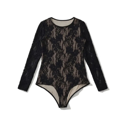 Women's Crew Neck Double Layer Long Sleeved Lace Bodysuit