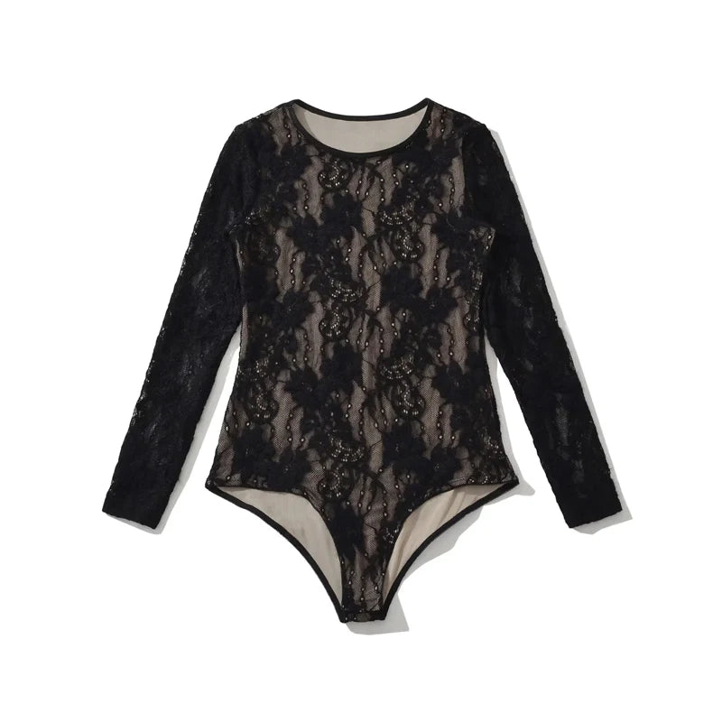 Women's Crew Neck Double Layer Long Sleeved Lace Bodysuit