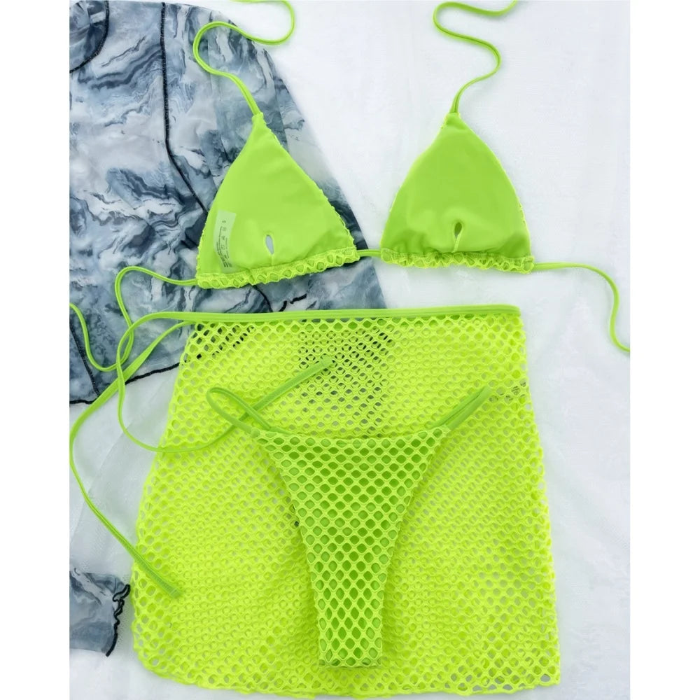 Sexy Mesh Bikini Thong Hollow Out Y2K Swimsuit Women Backless Cover Up Halter Swimwear 3 Piece Beach Outfit Bikinis Bathing Suit