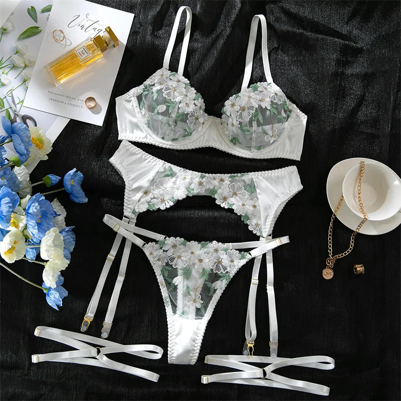 Fairy Sexy Lingerie 3 Pieces Lace Underwear Set Intimate Goods Romantic Lingeries Transparent Floral Embroidery Bra Panties Sets