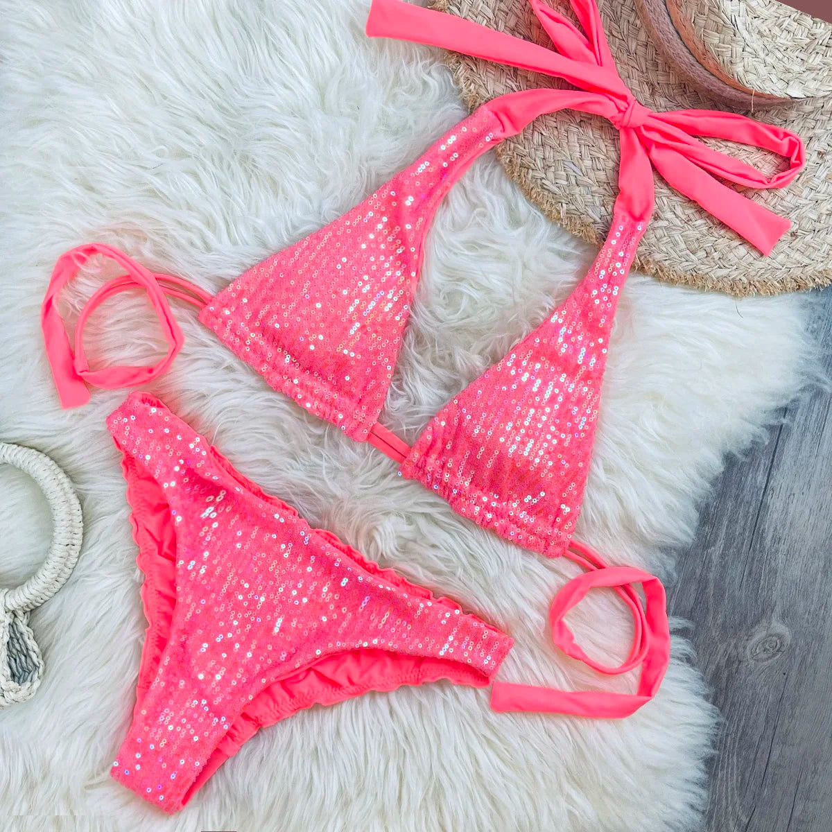 Melphieer Women's Sequins Sparkle Bikini Set Strappy Bandage Ruching Bum Two Piece Swimsuit for Beach Pool Club Holiday Outfits