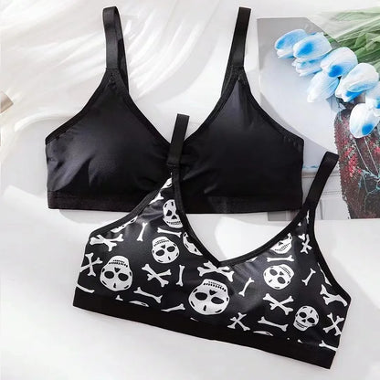 Skull Print Cotton Women's Bra Black Underwear, Sexy Seamless Comfortable Underwear Daily/Party Wear Without Steel Ring  Bra
