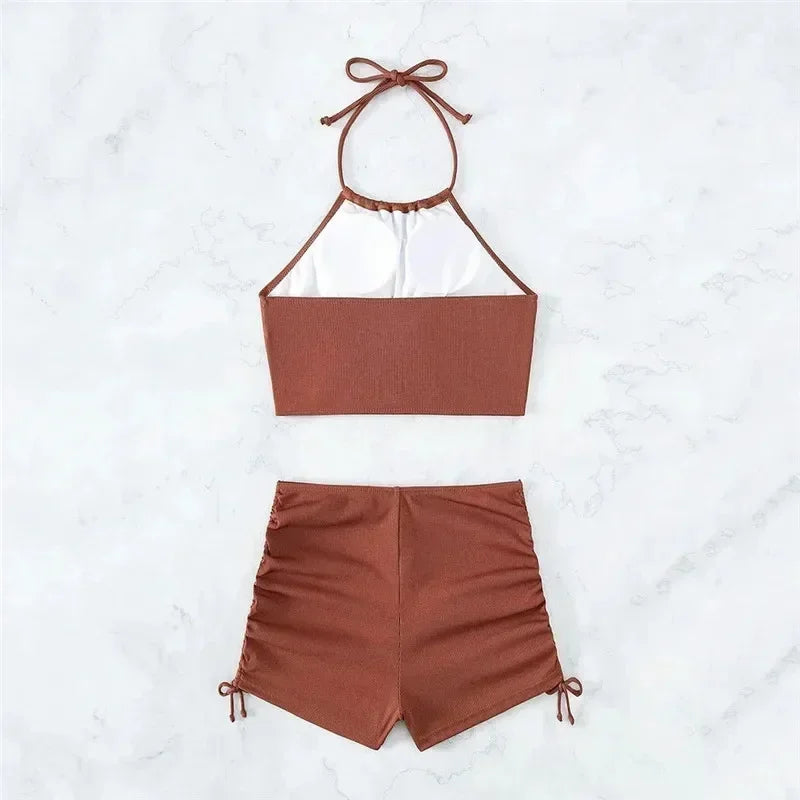 Brown Ribbed Swimwear Shorts Swimsuits Women Halter Bikinis Sets String Drawstring Bathing Suit Beachwear Sexy Bikini 2026 Mujer