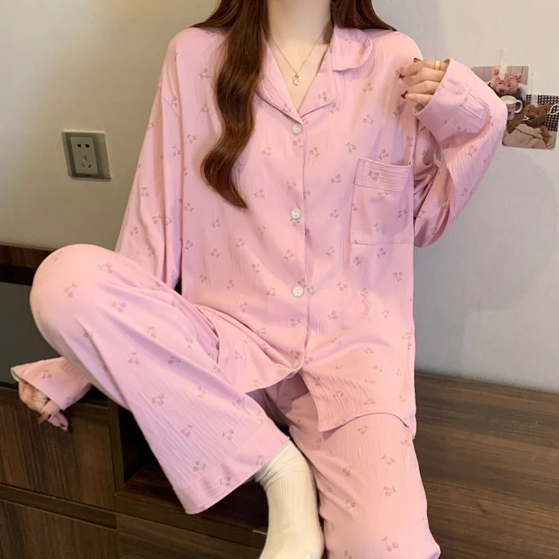 Pink Bow Tie Design Pajamas for Women Long Sleeve Top & Elastic Waist Pants Pajamas Set Harajuku Style Casual New Home Wear