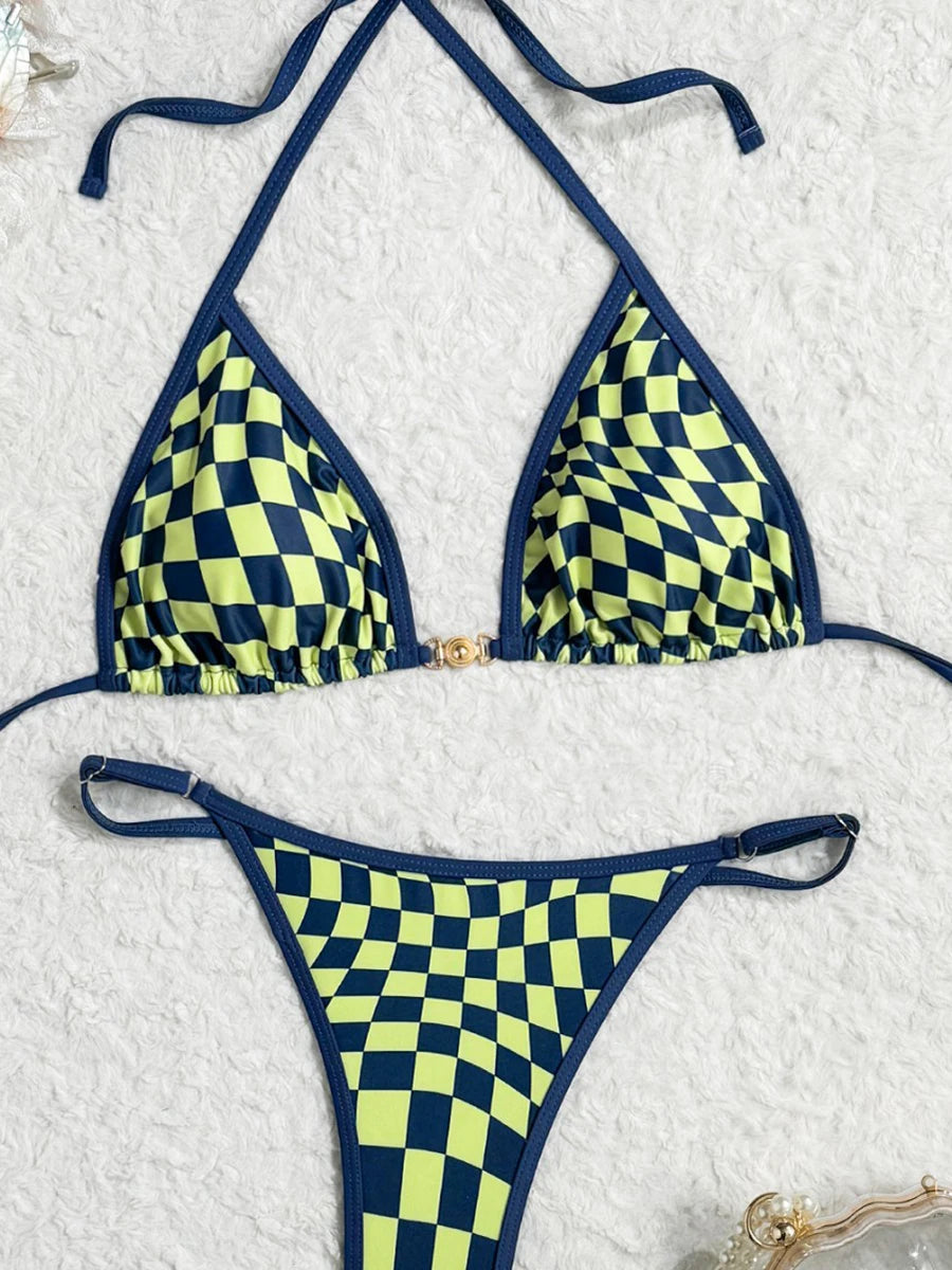 Sexy Swimsuit 2026 New Micro Bikini Women Plaid Swimwear Gold Ring High Leg Two Piece Bathing Suit Strappy Beachwear Biquini