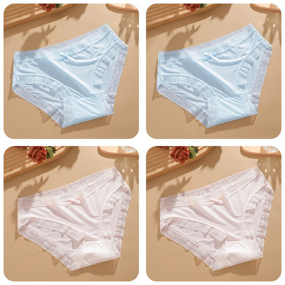 4Pcs Ice Silk Lace Panties Seamless Soild Underwear For Women Sexy Ultra-thin Breathable Briefs Girls Soft Transparent Lingerie